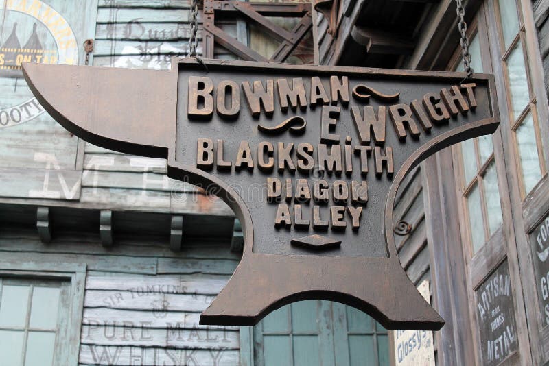 Bowman E. Wright blacksmith sign. Harry Potter attraction at Universal Studios in Orlando, Florida. Bowman E. Wright blacksmith sign. Harry Potter attraction at Universal Studios in Orlando, Florida