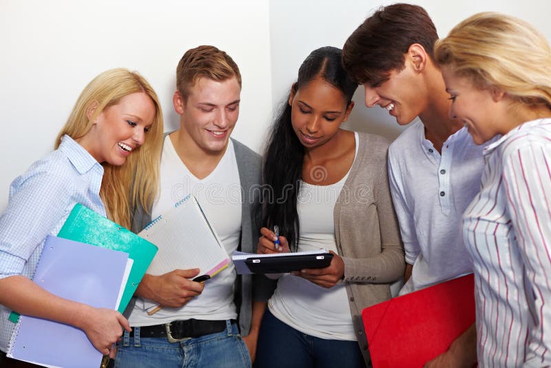 Study group in university hall looking at assignments. Study group in university hall looking at assignments