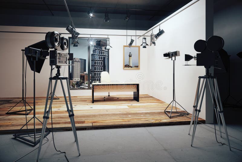 Studio cinematografico con le macchine fotografiche e le attrezzature di film fotografia stock Studio cinematografico con le macchine fotografiche e le attrezzature di film fotografia stock