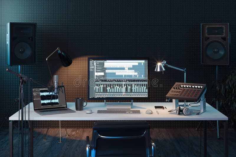 Studio Computer Music Station set up. Professional audio mixing console with faders and adjusting knobs. Big computer monitor. broadcasting. 3d rendering. Computer editing stock images, royalty-free photos and pictures