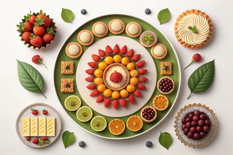 Studio di pasticcini e frutta colorati disposti su un piatto con bacche e foglie per un blog o una pubblicità di cibo illustrazione di stock