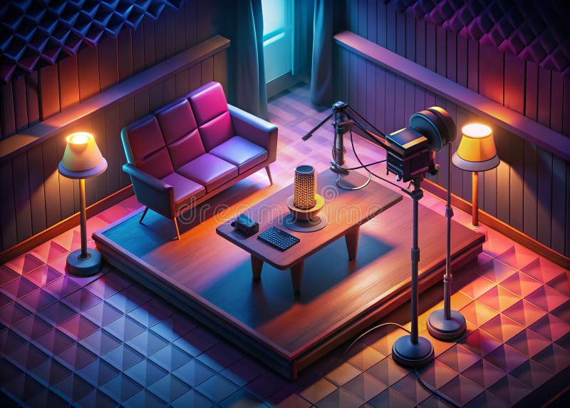 Studio di registrazione podcast Vintage: una prospettiva aerea per la creazione del suono illustrazione di stock