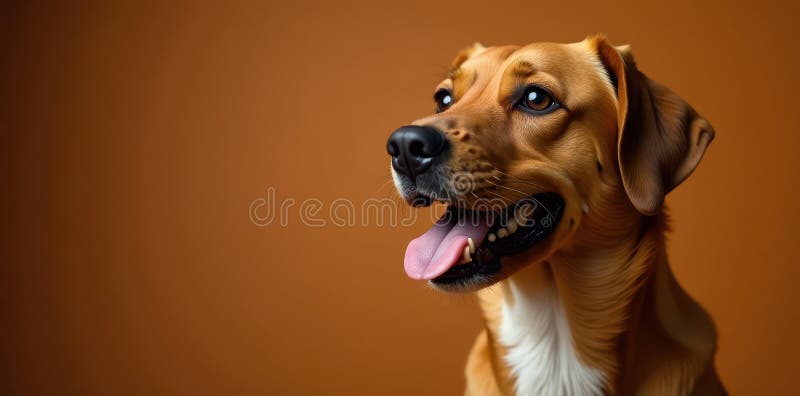 Studio dog portrait, brown backdrop, licking lips, image, happy dog, picture vector illustration