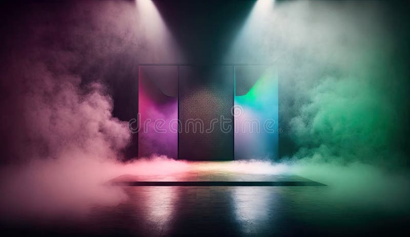 Studio empty stage background with colorful neon spot light beam shine on smoke background, concert stand with blank space for