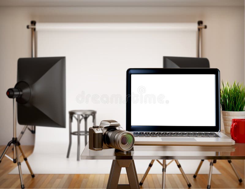 Studio foto 3d cu ecran gol pentru laptop. mockup stock illustration