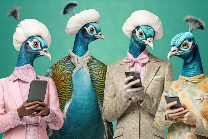 Studio Group Photo Portrait of Four Five Peacocks in Bright Colored