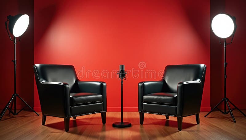 Studio konfiguruje dwa czarne skórzane fotele z mikrofonem. Czerwona ściana oświetlenie studio tworzy profesjonalną scenę przesłuc obraz stock