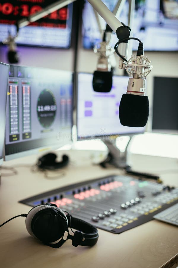 Radio Broadcasting Studio Microphone in the Foreground, Modern Studio