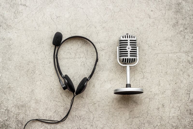 Studio Microphone and Headphones, Top View. Recording Podcast and