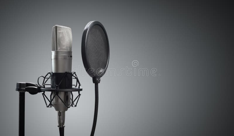 Studio microphone and pop shield on mic stand against gray background