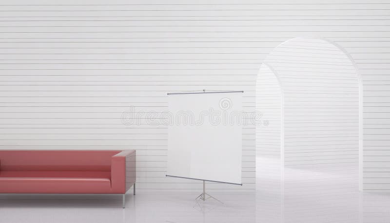 Studio moderno Idea di un divano confortevole minimo Concetto con porta e cartone sulla parete semplice in fondo di legno bianco illustrazione di stock