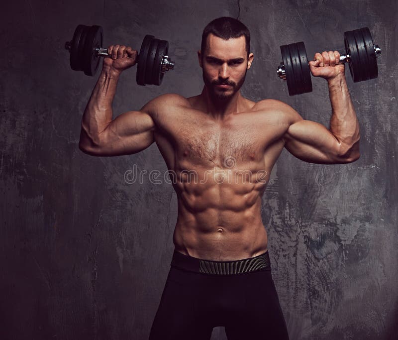 Brutal Athletic Bearded Shirtless Male Doing Exercise Stock Photo ...