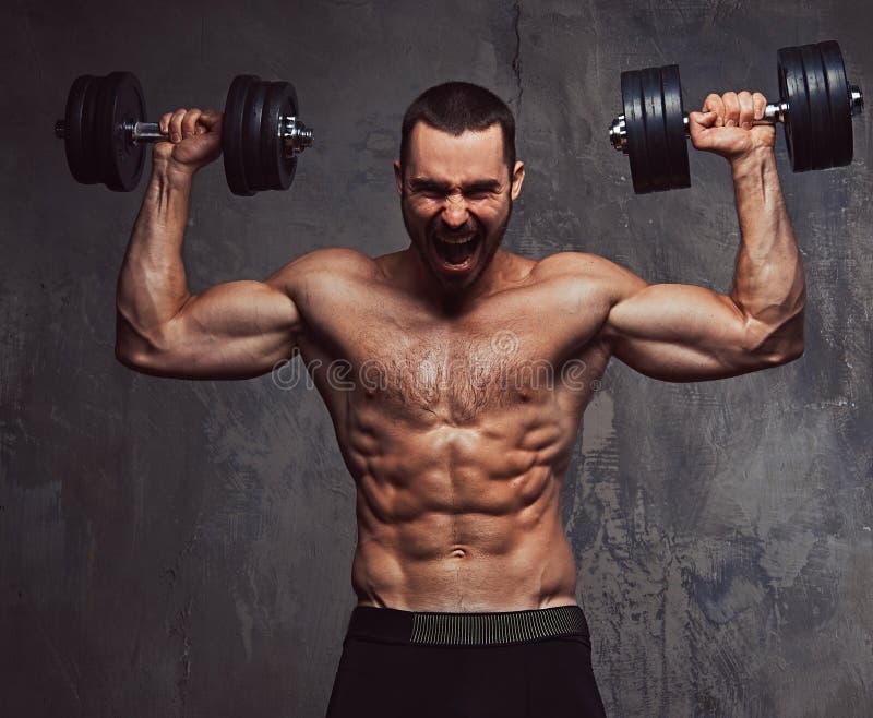 Brutal Athletic Bearded Shirtless Male Doing Exercise Stock Photo ...