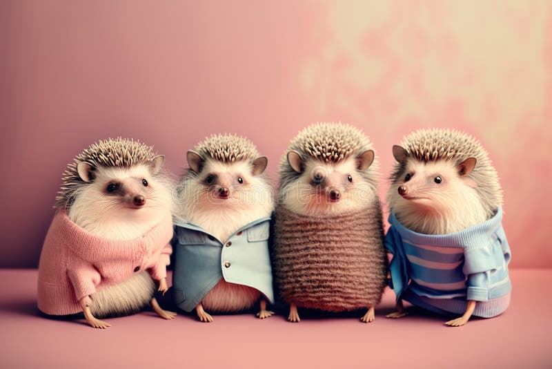 Group Studio Portrait of Fat Hedgehogs in Clothes Created with