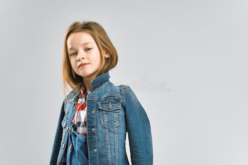 Studio Portrait of a Little Girl in a Jeans Suit Stock Photo - Image of ...