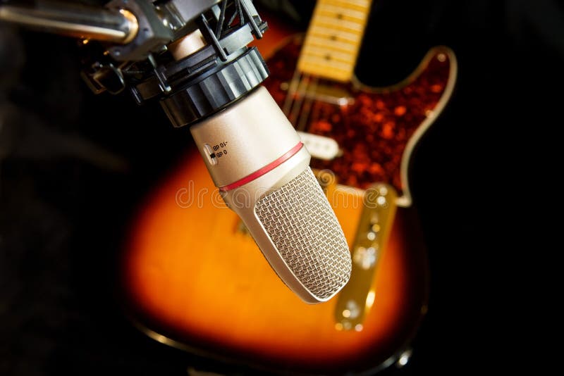 Studio Recording Microphone with Electric Guitar Stock Photo Image of