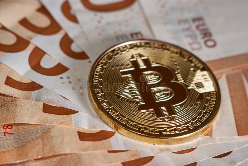 Studio Shot Of Bitcoin Physical Golden Coin On 50 Euro Bills Banknotes ...