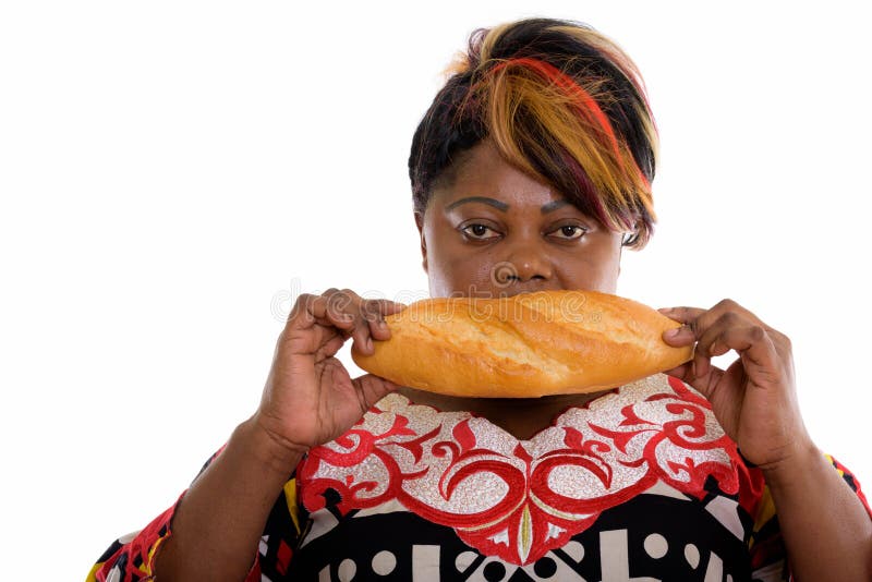 Studio Shot Of Fat Black African Woman Eating Bread Stock Image Image