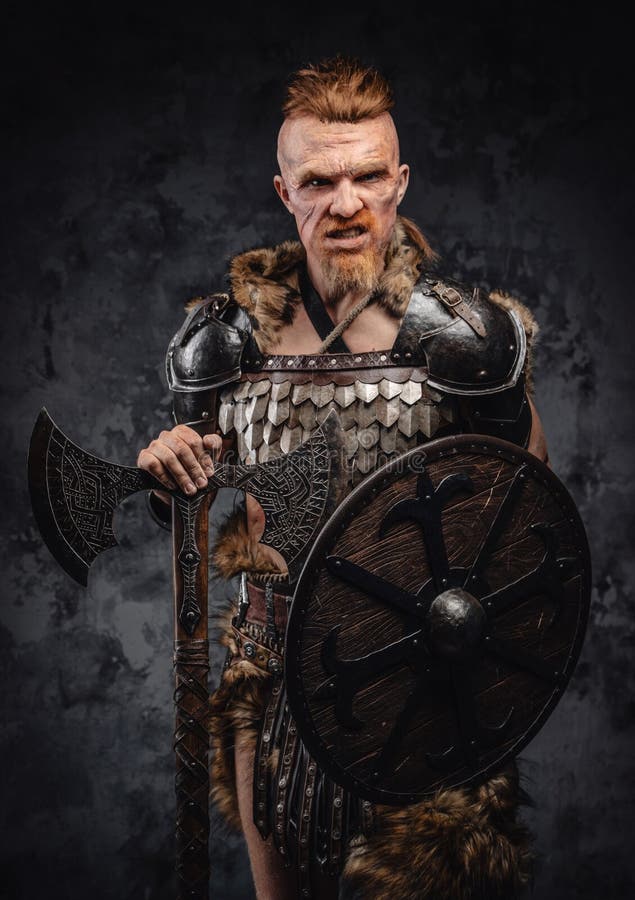 Angry Redhead Viking Warrior Posing Against Dark Background Stock Photo ...