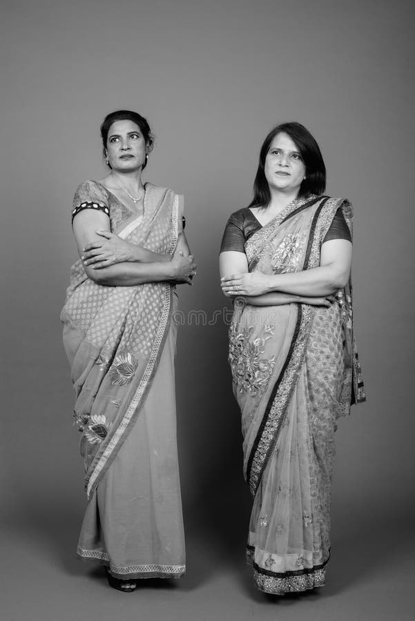 Two Mature Indian Women Wearing Sari Indian Traditional Clothes