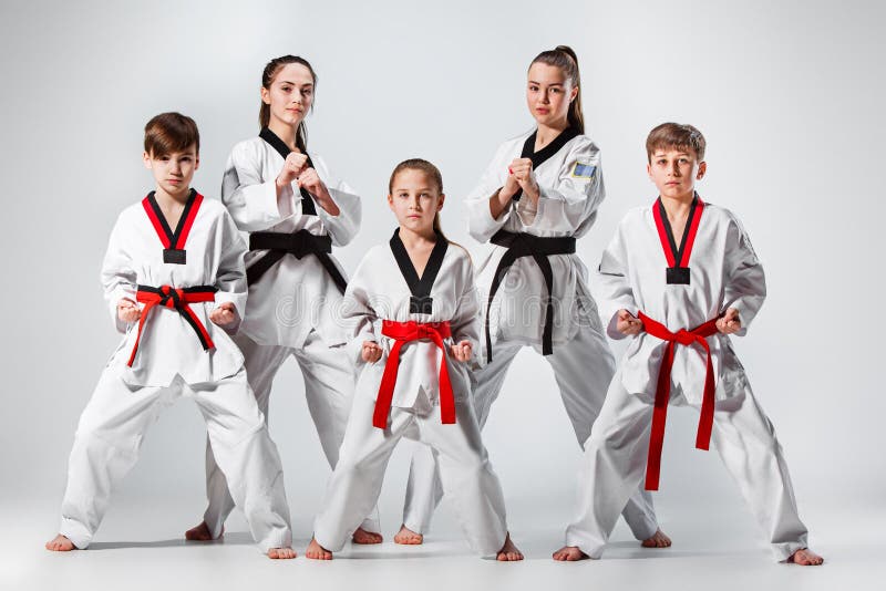 Studio strzał grupa dzieciaki trenuje karate sztuki samoobrony