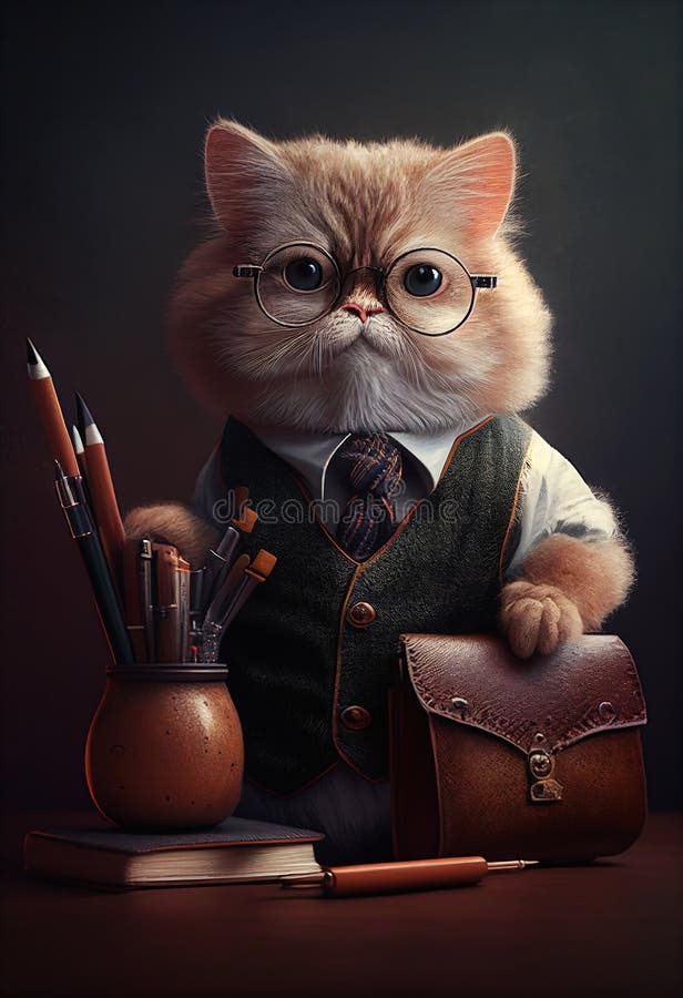 V tento očarujúce digitálne sochárstvo, roztomilý mačiatko mačka mačiatko je líčil nosenie pár z okolo okuliare štýlový vesta mačkovitá je na taška, hľadá usilovný akademický, možno v miniatúrne portrét.
