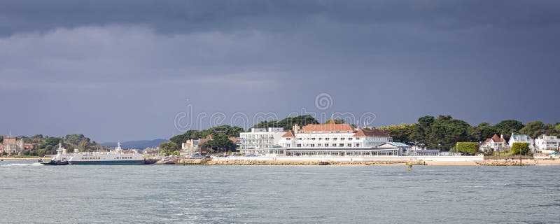 Studland to Sandbanks Chain Ferry offloading cars and passengers at Sandbanks, Poole, Dorset, UK royalty free stock photo