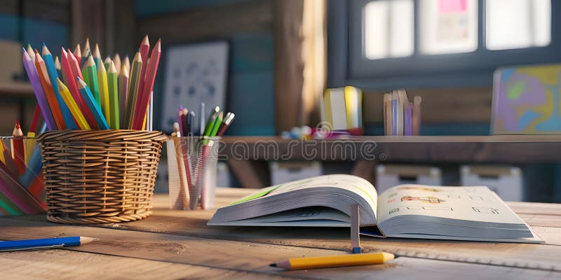 Study desk with a book open and a basket of colored pencils background - stock illustration.