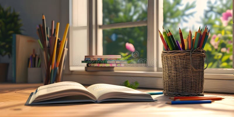 Study desk with a book open and a basket of colored pencils background - vector illustration.