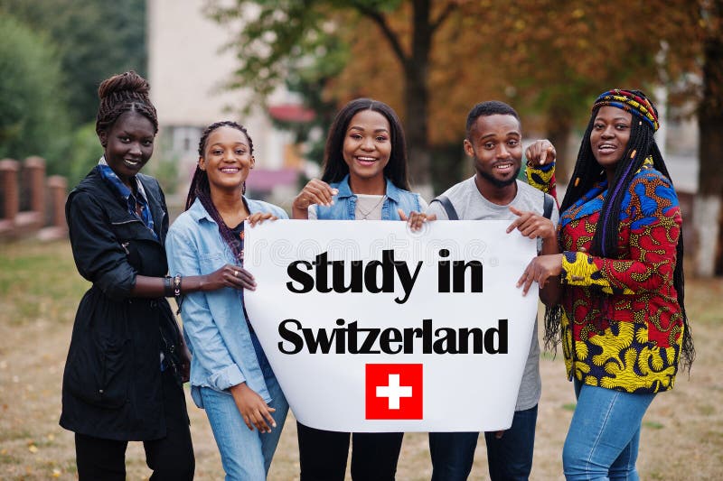 Study in Switzerland. Group of Five African College Students on Campus