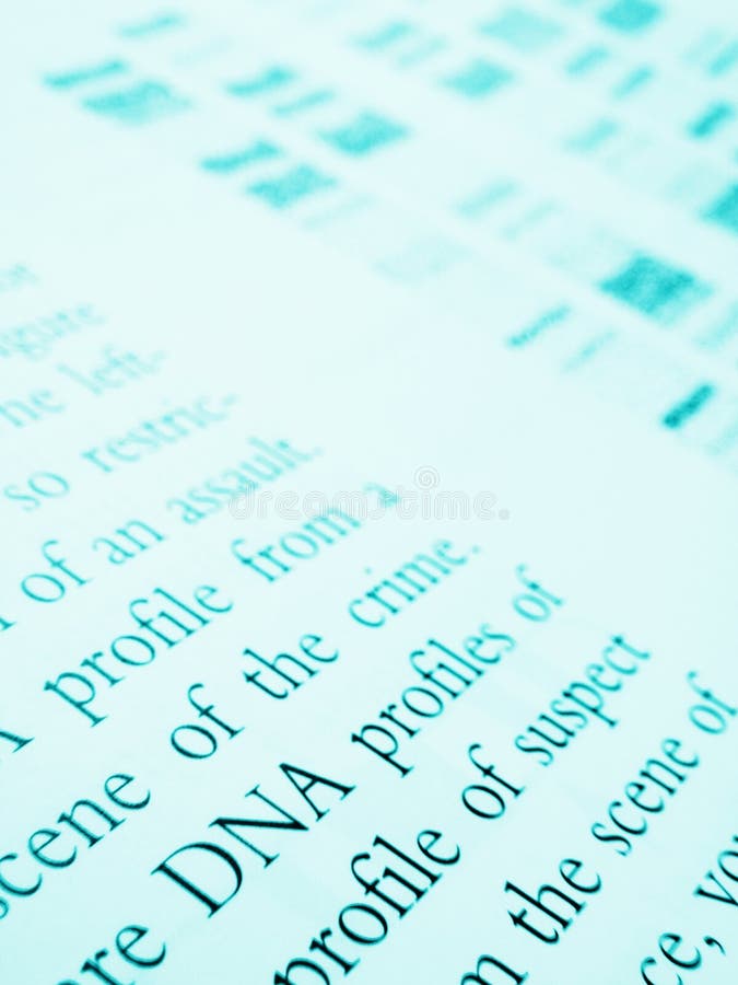 Forensic science - An image of an open medical biology book at the page with DNA profiles and DNA fingerprint samples. Study of the use of restriction enzymes on genetic chromosomes of suspects to help find the criminal, using comparison of DNA fragments separated by gel chromatography. Technique is analogous to genetic finger printing. Tests are carried out in the laboratory room by scientists. DNA pattern formed on chromatograph is unique to each person, to a very high degree of accuracy. Monochrome blue image for a high modern technology mood. Nobody in picture, copy space. Forensic science - An image of an open medical biology book at the page with DNA profiles and DNA fingerprint samples. Study of the use of restriction enzymes on genetic chromosomes of suspects to help find the criminal, using comparison of DNA fragments separated by gel chromatography. Technique is analogous to genetic finger printing. Tests are carried out in the laboratory room by scientists. DNA pattern formed on chromatograph is unique to each person, to a very high degree of accuracy. Monochrome blue image for a high modern technology mood. Nobody in picture, copy space.