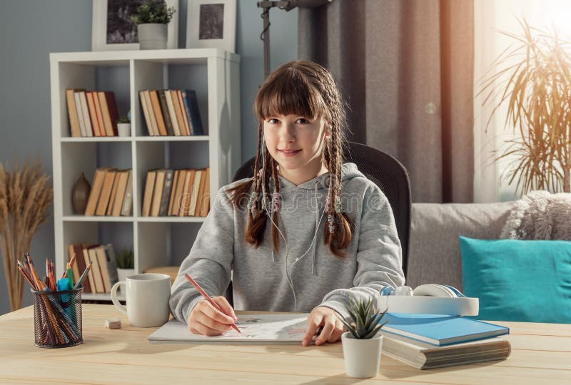 Studying Girl Siting At Desk Stock Photo Image Of Cheery