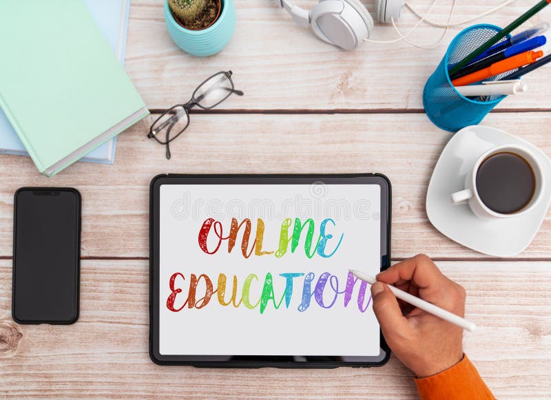 Studying at home with modern equipments. E learning at home online. Isolation from global threat. stock photo Studying at home with modern equipments. E learning at home online. Isolation from global threat. stock photo