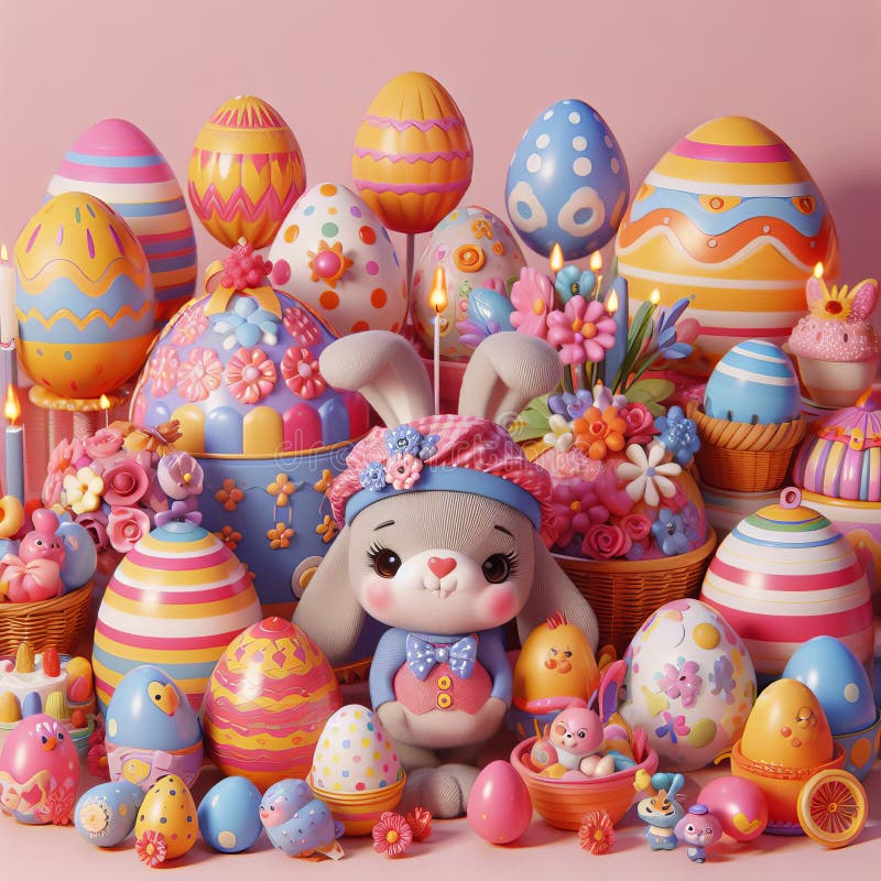 A collectable toy, the stuffed bunny, is displayed on a pink table alongside a creative arts collection of Easter eggs and cupcakes, creating a delightful event souvenir. Traditional easter desserts stock images, royalty-free photos and pictures