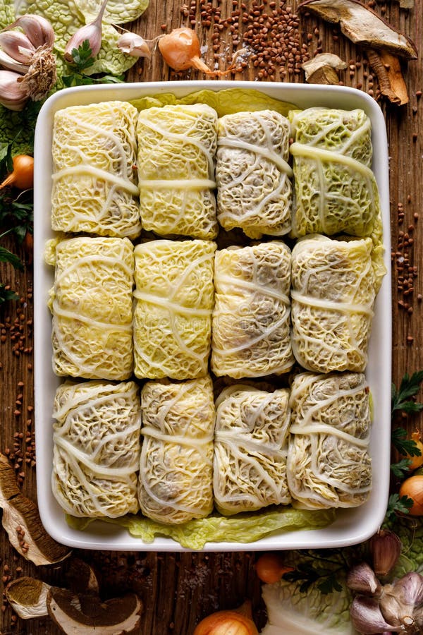 Stuffed Cabbage, Cabbage Rolls Stuffed with Groats and Mushrooms in a