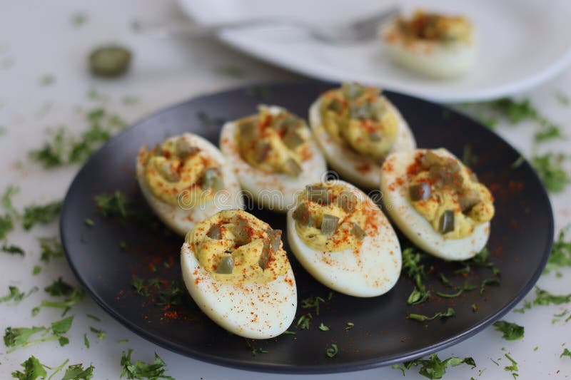 Stuffed Eggs. Hard Boiled Eggs Cut into Half and Stuffed with a Paste