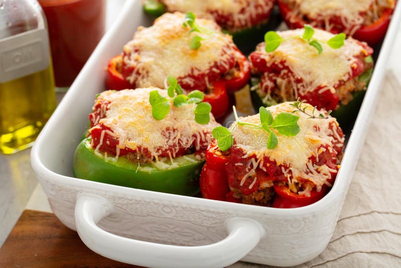 Stuffed Peppers with Marinara Sauce and Ground Beef Stock Photo Image