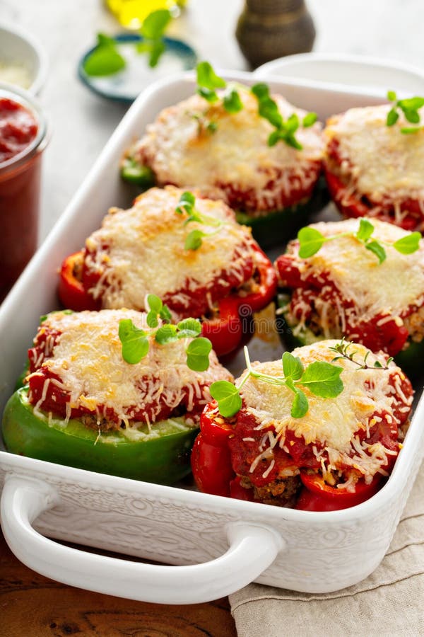 Stuffed Peppers with Marinara Sauce and Ground Beef Stock Photo Image