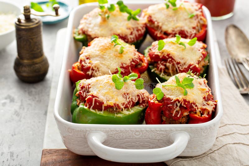 Stuffed Peppers with Marinara Sauce and Ground Beef Stock Photo Image