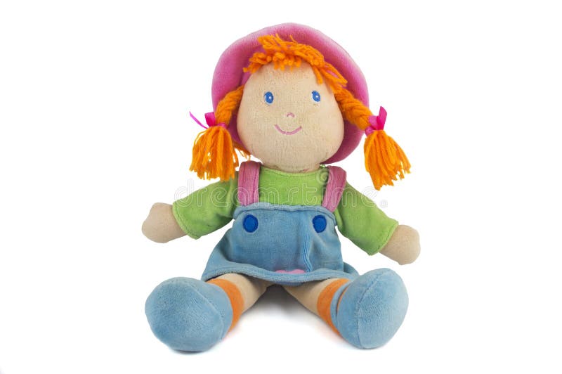 Stuffed soft sitting funny pig-tailed red-headed doll