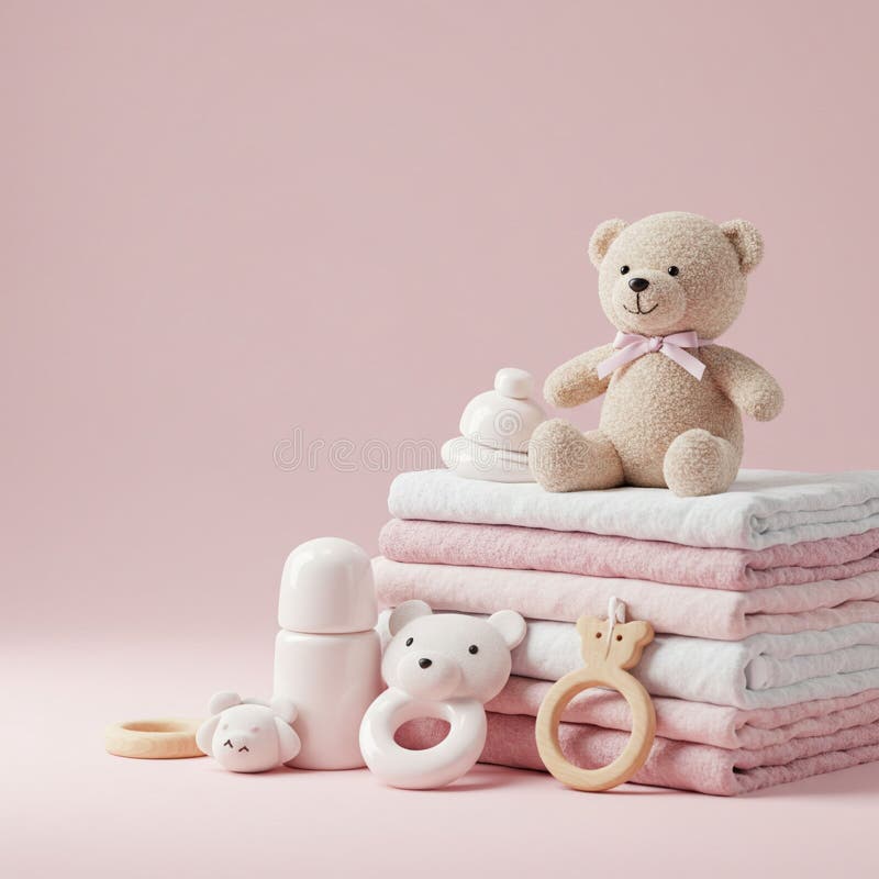 Stuffed teddy bear with a pink bow sits on neatly stacked pink and white towels. Two royalty free illustration