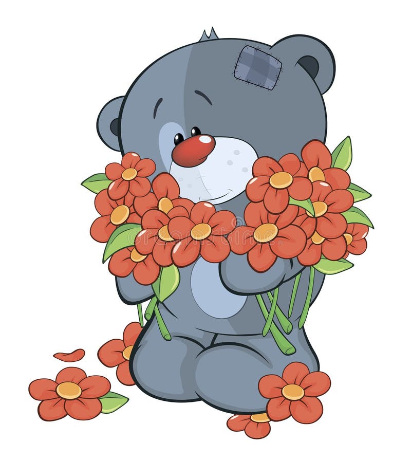 The stuffed toy bear cub and flowers