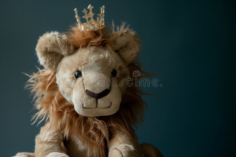 Stuffed toy lion wearing a tiny plush crown stock photos