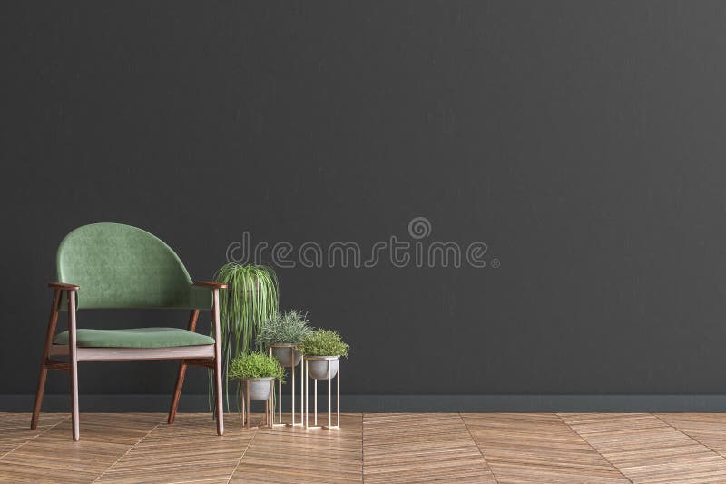 Stuhl mit Anlagen im Wohnzimmer Innen, schwarzer Wandspott herauf Hintergrund