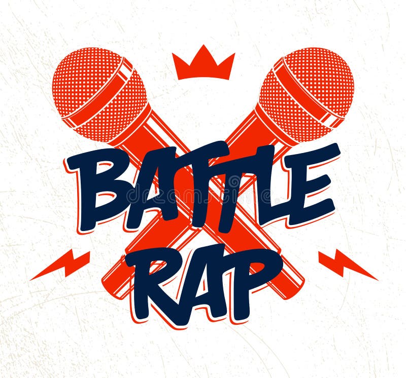 Stuka Batalistycznego wektorowego logo lub emblemat z dwa mikrofonami krzyżującymi, Hip Hop rymami, gorąca muzyka mic w, koncerto ilustracji