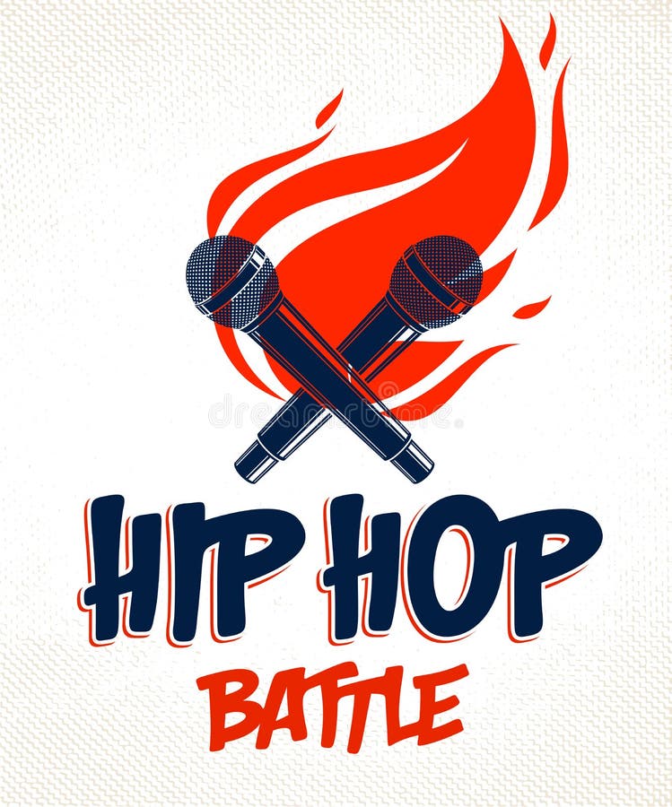 Stuka Batalistycznego wektorowego logo lub emblemat z dwa mikrofonami krzyżującymi i pożarniczymi, Hip Hop rymów gorąca muzyka mi royalty ilustracja