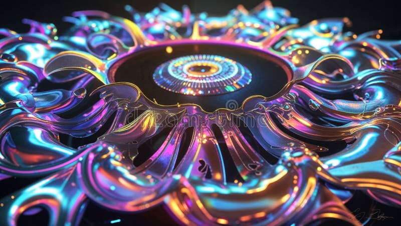 A stunning abstract composition showcases flowing metallic forms that create a mesmerizing display of colors and light stock illustration
