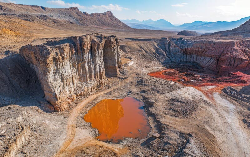 Aerial view of dramatic desert landscape orange water pool vector illustration