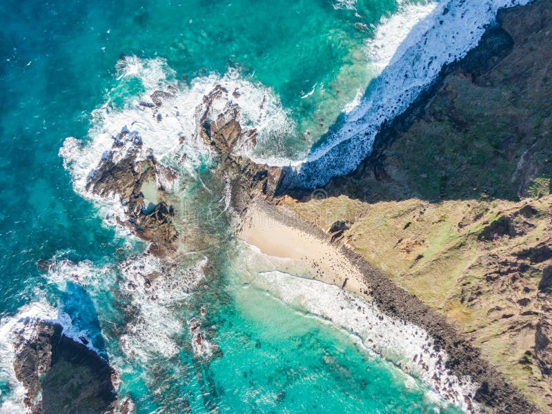 Stunning aerial drone view of the north eastern tip of Lord Howe Island near Malabar Hill. Beautiful white sand beach