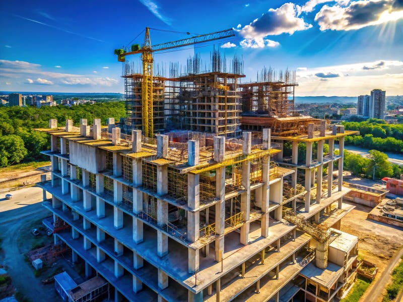 Stunning Aerial View of Urban Construction Site Under a Clear Blue Sky Capturing Progress and Growth in Modern vector illustration